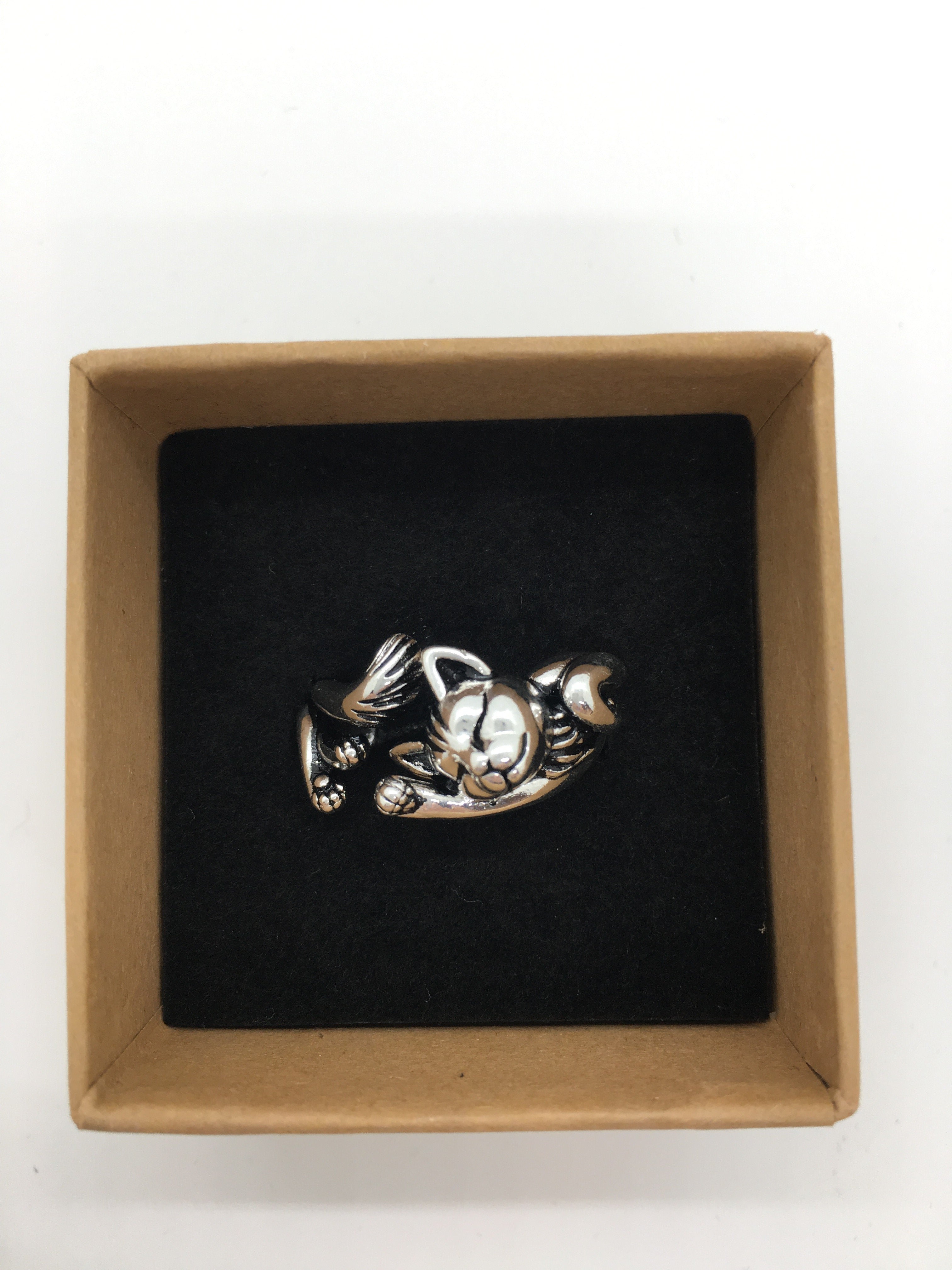 silver cute cat ring boxed