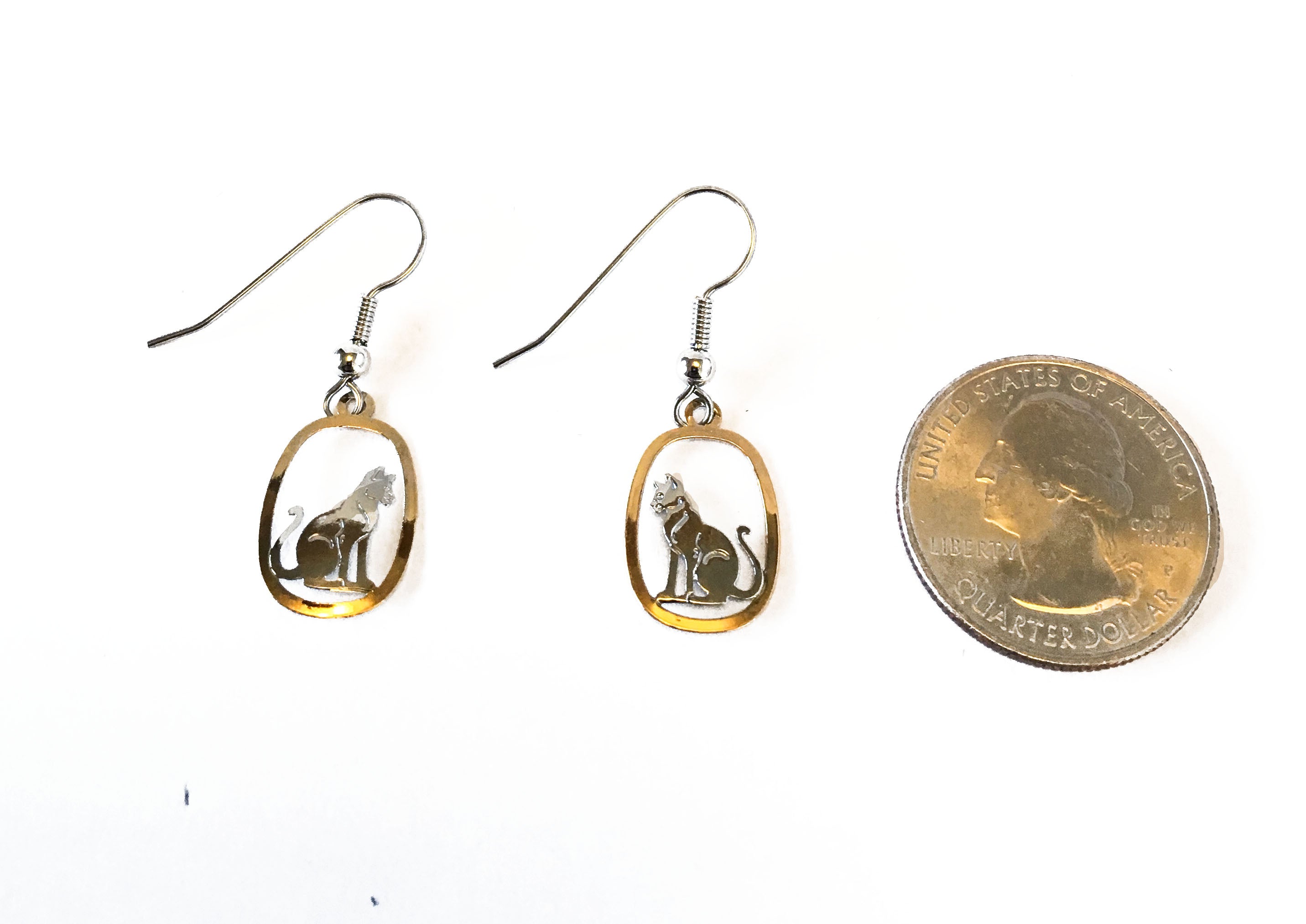 Silver and gold cat earring sizing