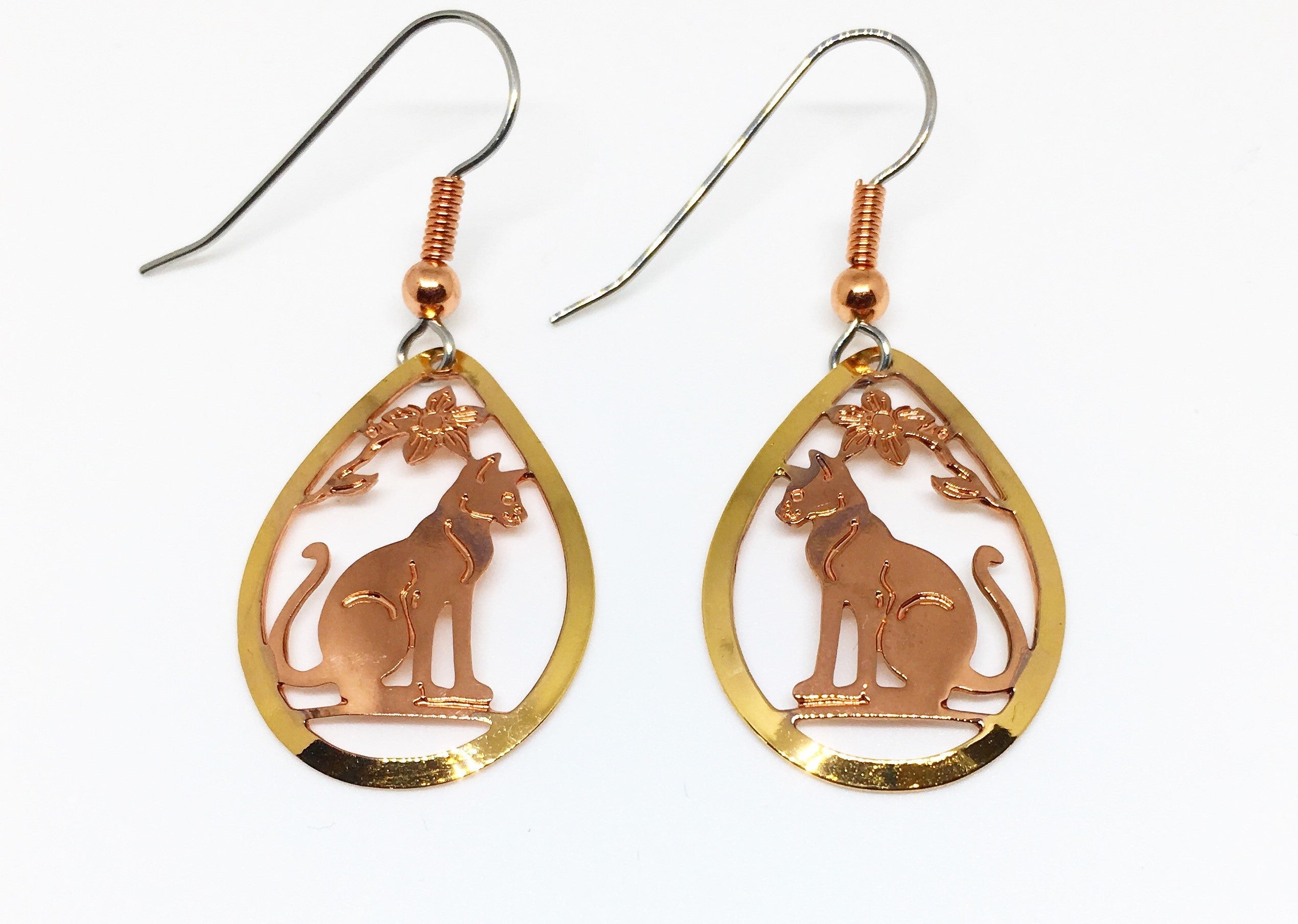 Rose gold and gold cat teardrop shaped earrings